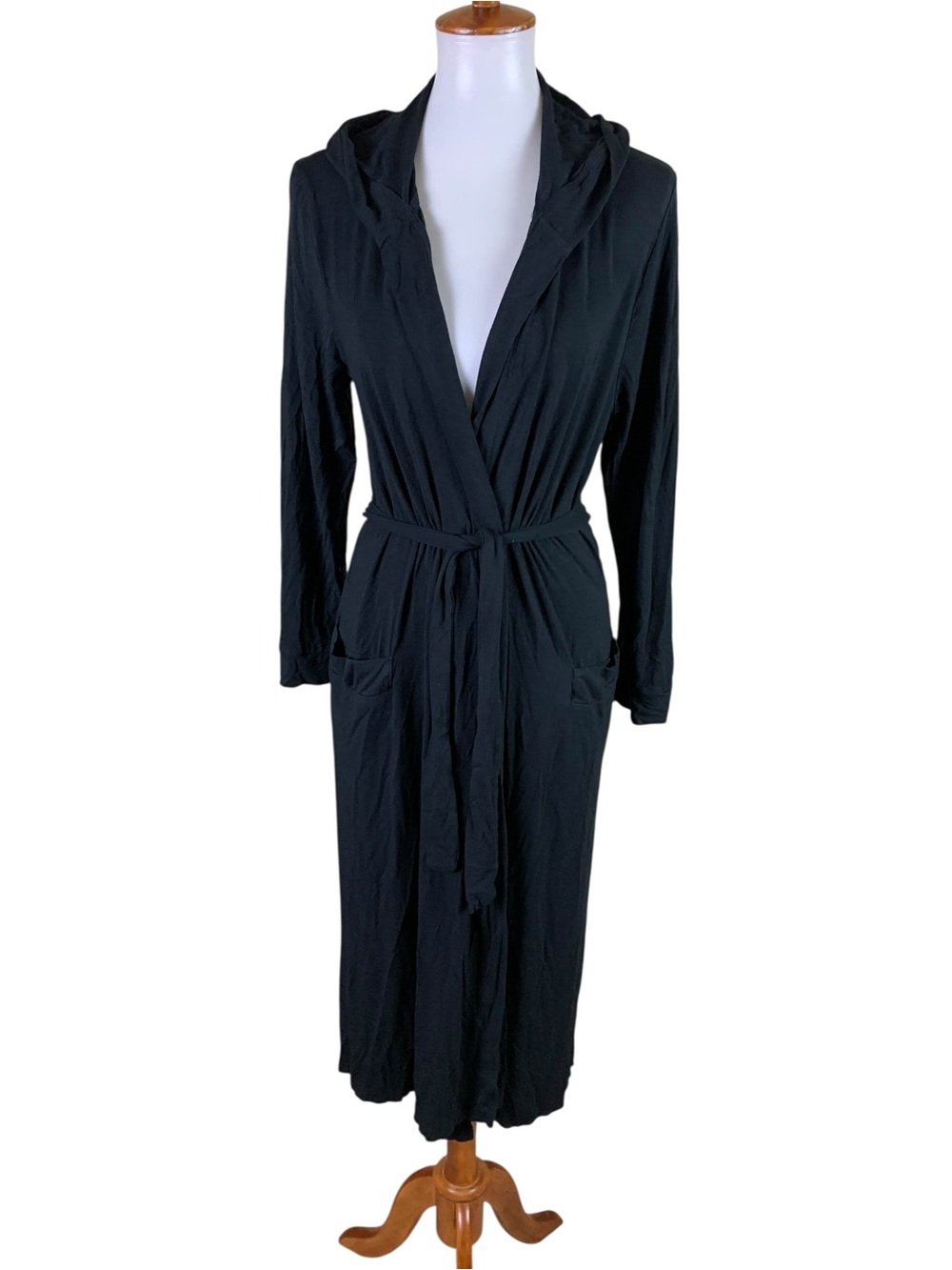 Recliner Black Hooded Duster Cardigan M Longline Belted Open Front Pockets